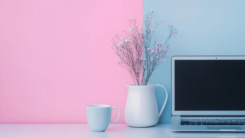 Bicolor workspace tableau with laptop, ceramic mug, floral pitcher.