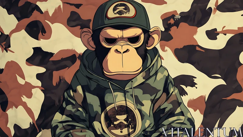 Camouflage streetwear ape stares through bold urban pattern.