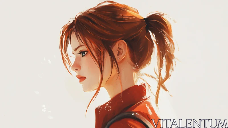 Thoughtful red-haired girl in warm painterly profile portrait.