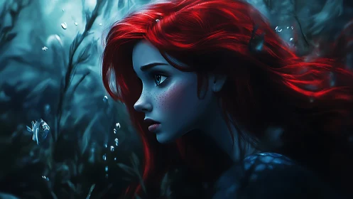 Side profile shows red haired figure rendered underwater in blue