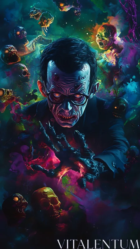 Male figure extends hand amid spectral skull forms in void