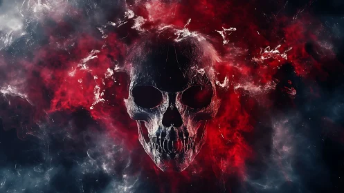 Digital painting skull suspended in red nebular vapor field.