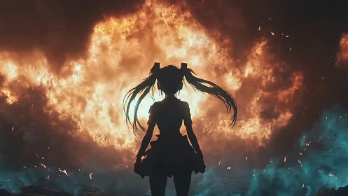 Silhouette of anime girl stands before massive fire blast