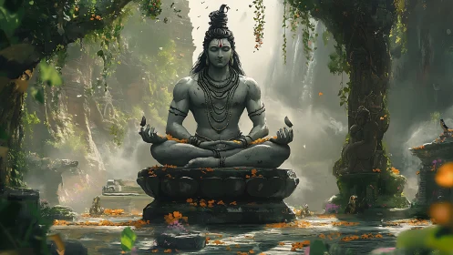 Meditative Shiva statue in lush jungle shrine with misty waterfalls