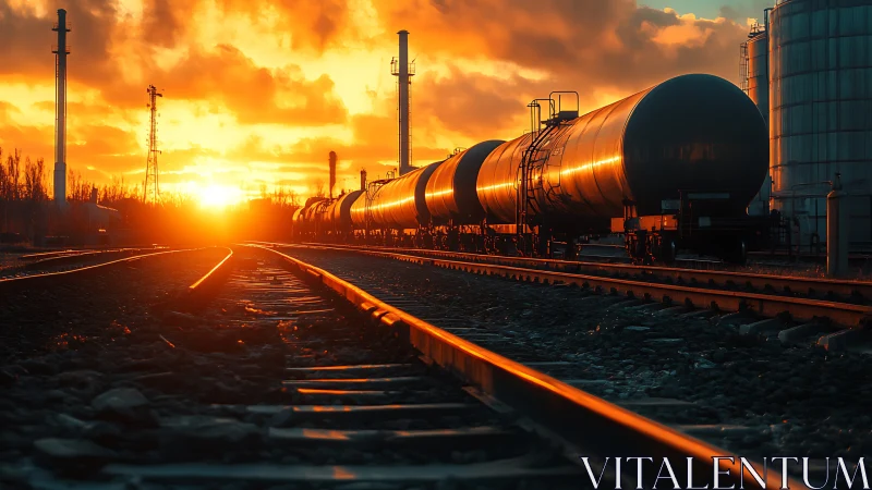 Sunlit tank train glides through an industrial ember dusk.