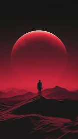 Silhouetted explorer beneath crimson planetary horizon.