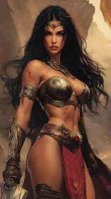 Battle-scarred warrior woman renders detailed bronze armor under warm light