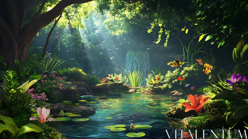 Enchanted forest pond shimmers beneath cascading light rays.