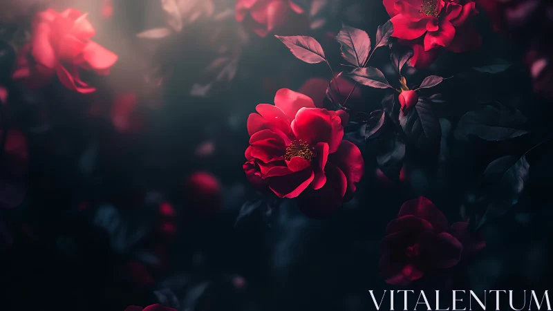 Crimson roses backlit with deep chiaroscuro botanical composition