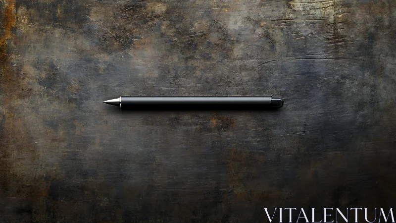 Black stylus pen lies horizontally on a textured metal surface