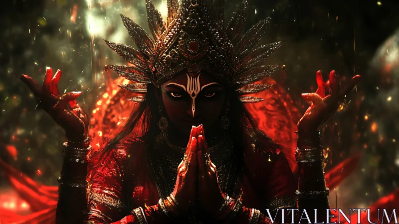 Radiant goddess in crimson light invites quiet, powerful awe