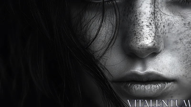 Hyperreal monochrome closeup of freckled face and lips, macro