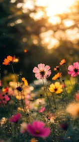 Sunlit Cosmos Blooms in Soft Focus Meadow.