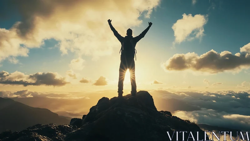 Summit silhouette crowned by blazing sunrise triumph.