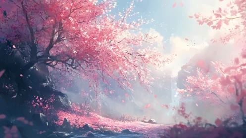 Cherry blossom valley under soft ethereal spring light.