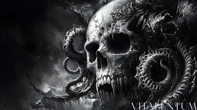Skull entwined with eldritch tentacles in monochrome void.