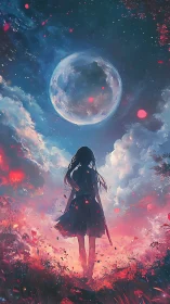 Girl standing under large moon in vivid night sky.