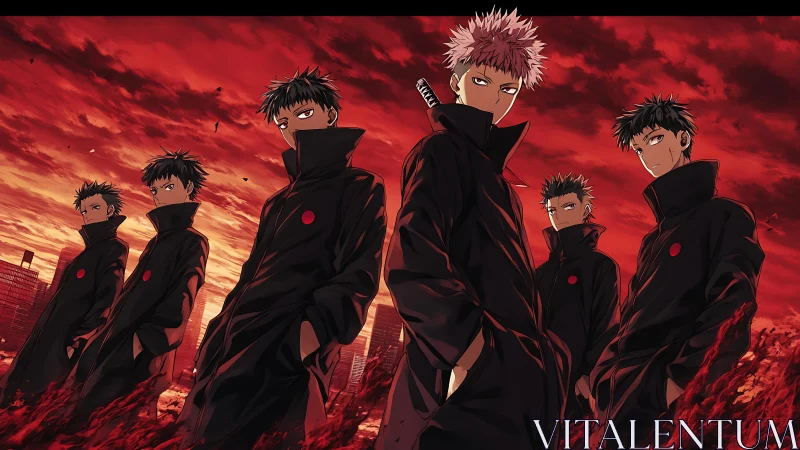 Synchronized anime silhouettes under hyper-saturated red skyline.