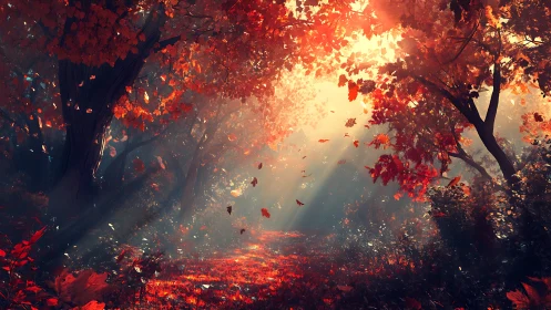 Autumn Forest Path Illuminated by Radiant Golden Light.
