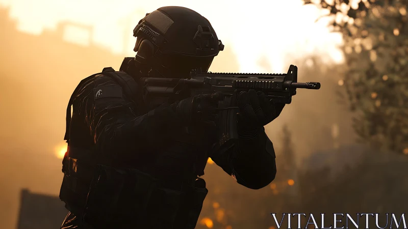 Tactical soldier aiming rifle in dramatic sunset light.