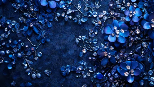 Sapphire Dreams Cascade - Jeweled Blooms on Indigo Canvas.
