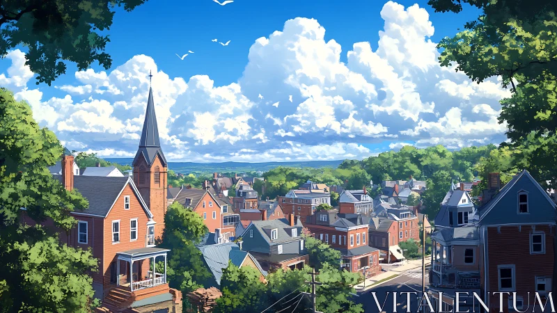 Digital illustration shows small town rooftops under clouded sky