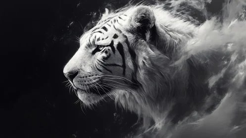 Monochrome profile study depicts stylized white tiger head