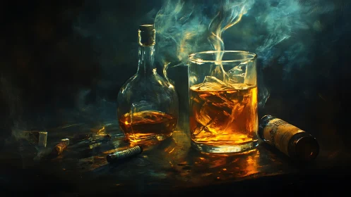 Golden whiskey glass glows warmly in a smoky, moody scene