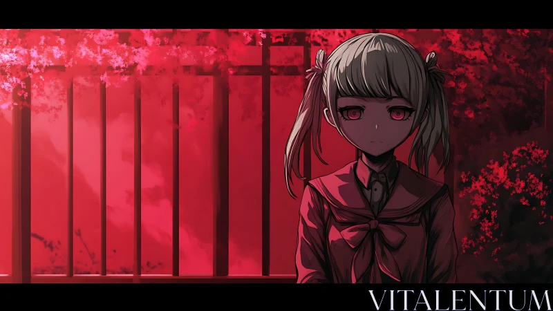 Schoolgirl stands against red fence in dramatic anime lighting