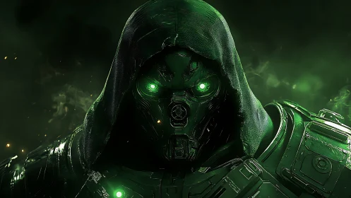 Glowing green cyber warrior gazes forward through swirling mist