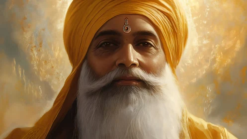 Elderly Sikh man in yellow turban against glowing backdrop.