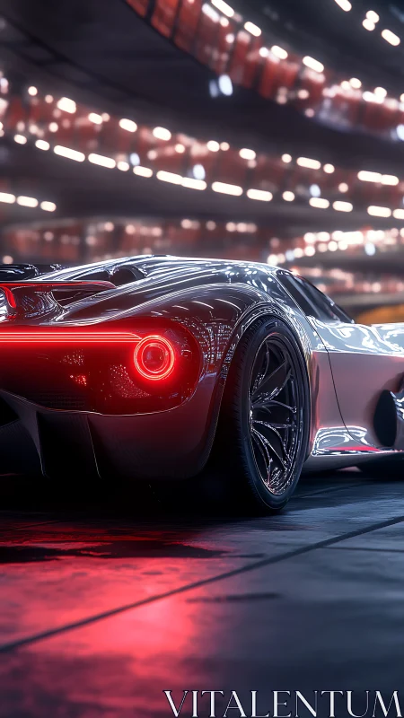 Futuristic supercar glows under neon tunnel lights. Period.