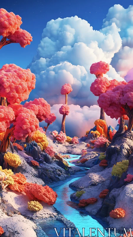 Cotton candy forest drifts around a glowing turquoise river