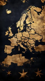 Textured gold silhouette map of Europe on dark background.