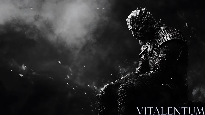 Brooding armored ice king sits alone in swirling darkness.