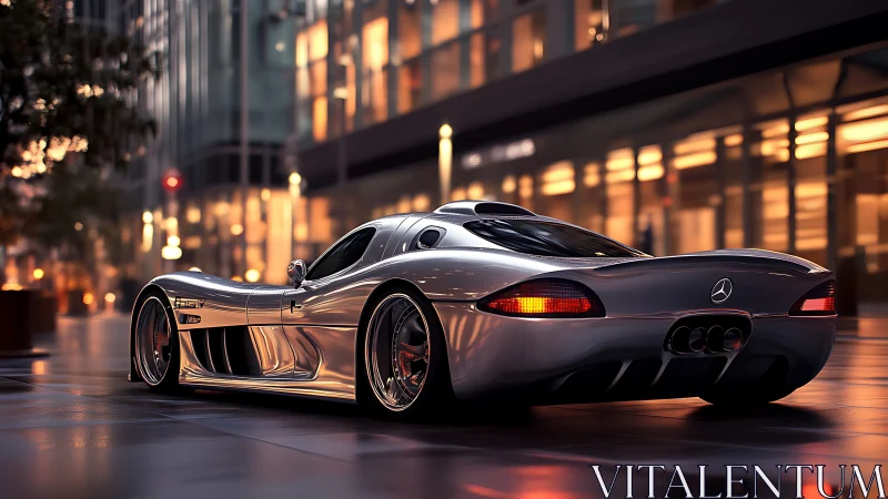 Sleek silver supercar glowing softly in the evening city.