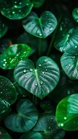 Macro heart-shaped tropical leaves with rain droplets, bokeh