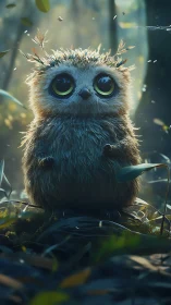 Digital painting of wide-eyed forest owl in soft bokeh light.