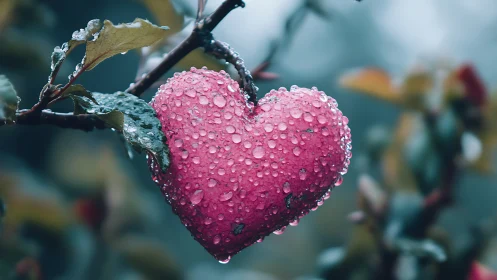Rain-covered raspberries on frost-laden branch