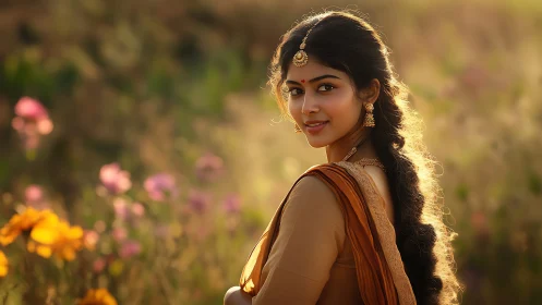 Elegant woman in traditional attire with jewelry, golden hour glow.