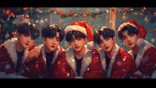 Five boys in Santa outfits in warm holiday scene.