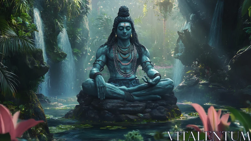 Serene blue deity meditates amid misty jungle waterfalls.