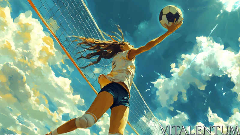 Female volleyball player jumping to hit ball in sky scene.