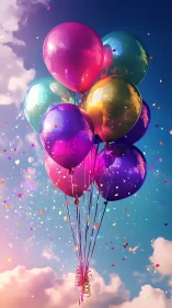 Spherical Balloons Against Gradient Sky with Confetti Elements