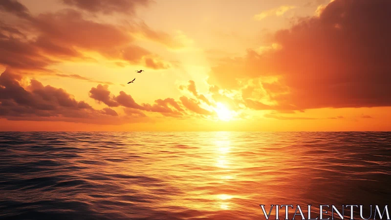 Sun descends over calm ocean horizon with glowing clouds