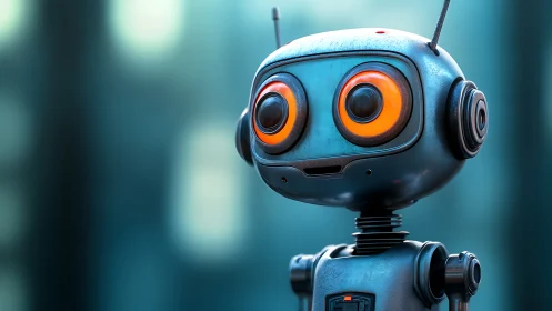 Playful blue service robot with oversized orange optics.