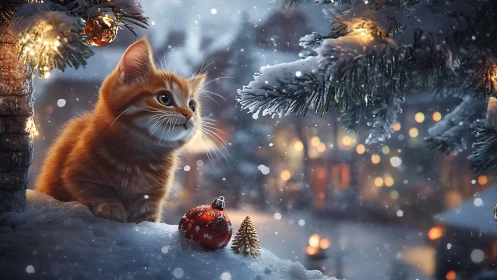 Snowlit ginger kitten beside glowing Christmas tree branch.
