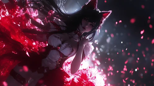 Anime kitsune enchantress in dynamic crimson particle bloom.
