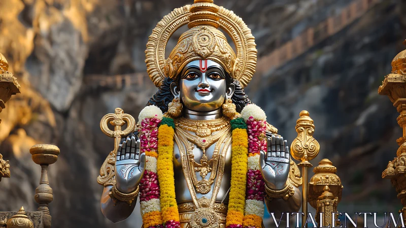 Gilded Hindu deity statue rendered in detailed photorealism
