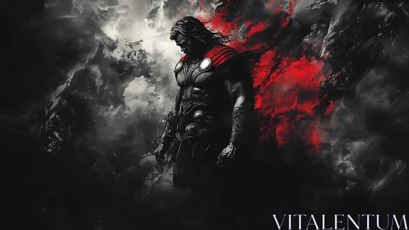 Mythic warrior in red cloak within abstract stormfield.